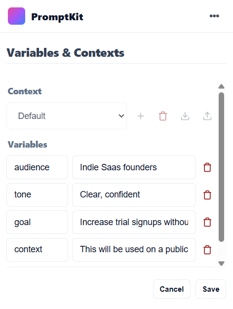 PromptKit variables screen